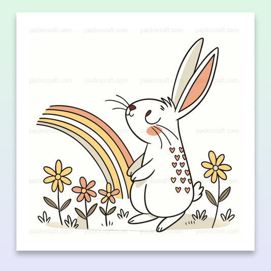 Illustration vectorielle de lapin joyeux sous un arc-en-ciel pour projets créatifs.