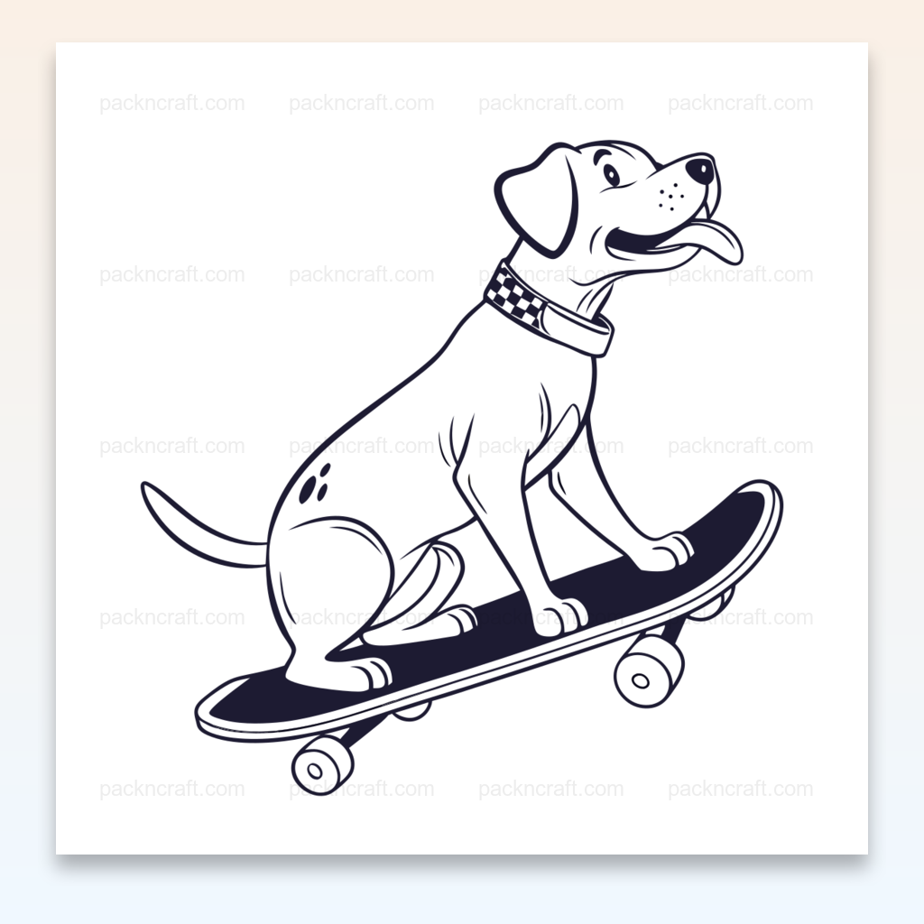 Illustration doodle d'un chien sur skateboard pour usage créatif et urbain.