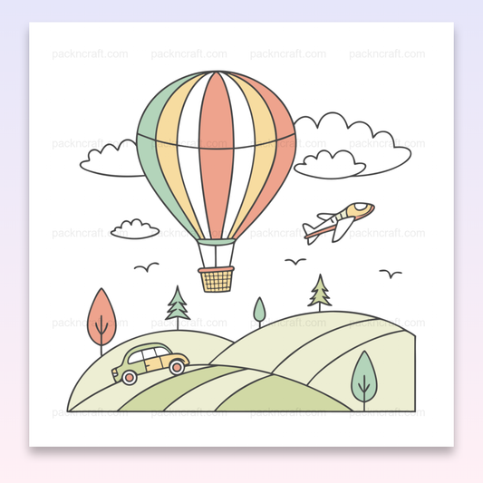 Illustration montgolfière dans le ciel pastel, idéale pour projets créatifs et déco.