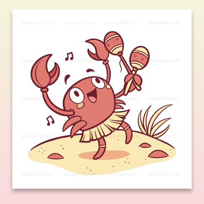 Crabe dansant joyeux sur une plage, illustration numérique pour projets créatifs.