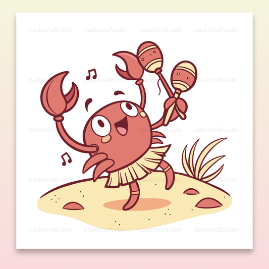 Crabe dansant joyeux sur une plage, illustration numérique pour projets créatifs.