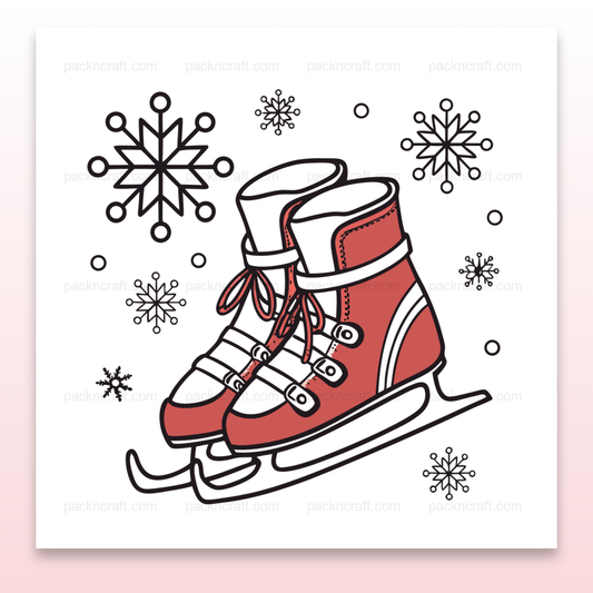 Illustration de patins à glace minimaliste avec flocons de neige, idéal pour projets DIY et papeterie.