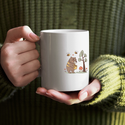 Mug avec motif ours joyeux et abeilles dans une forêt féerique