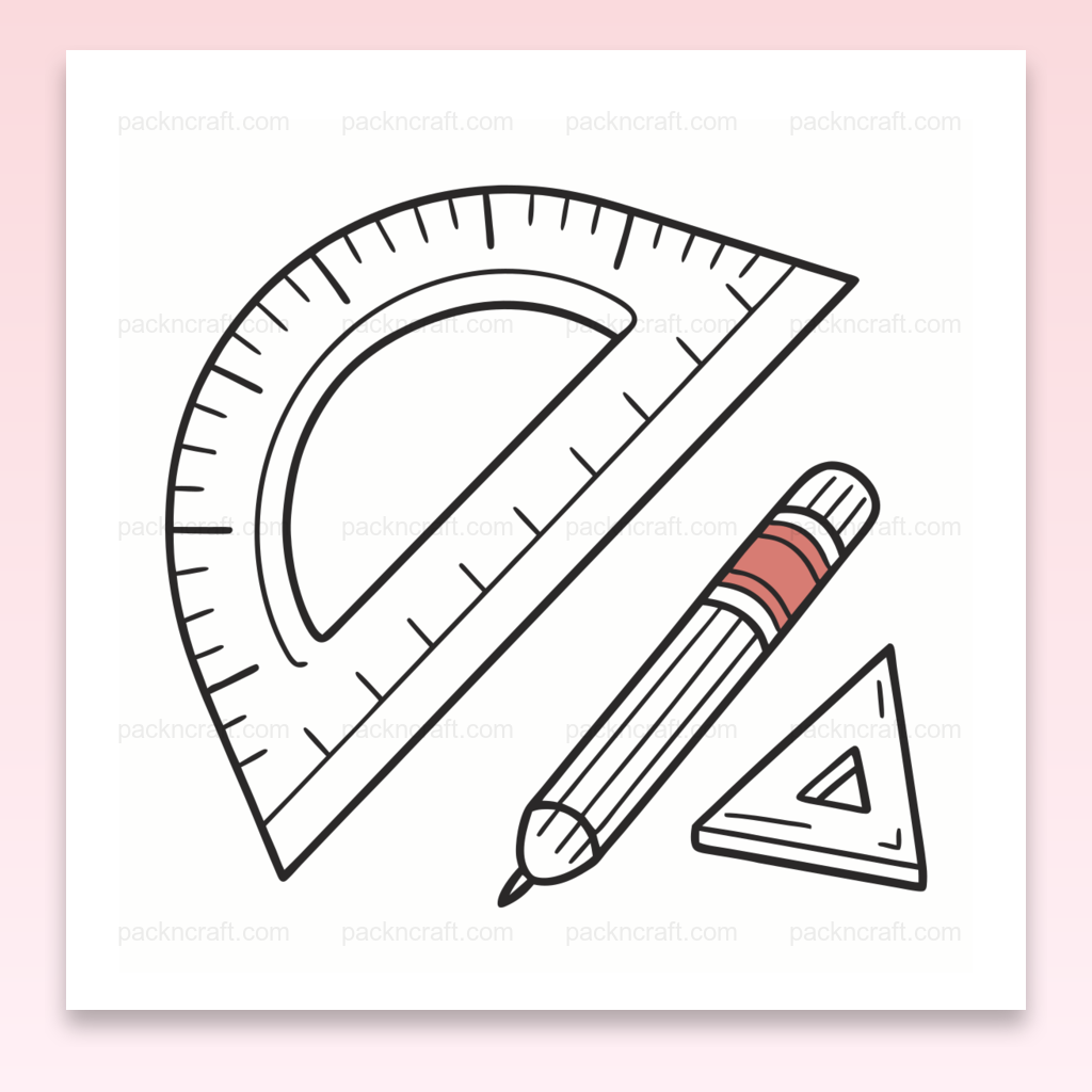 Illustration minimaliste d'un kit de dessin comprenant une règle, un crayon et une équerre, idéale pour projets éducatifs.