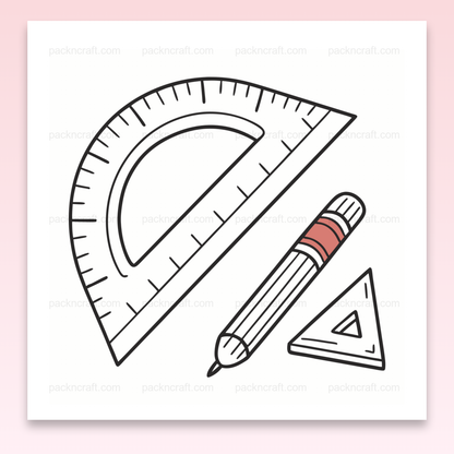 Illustration minimaliste d'un kit de dessin comprenant une règle, un crayon et une équerre, idéale pour projets éducatifs.