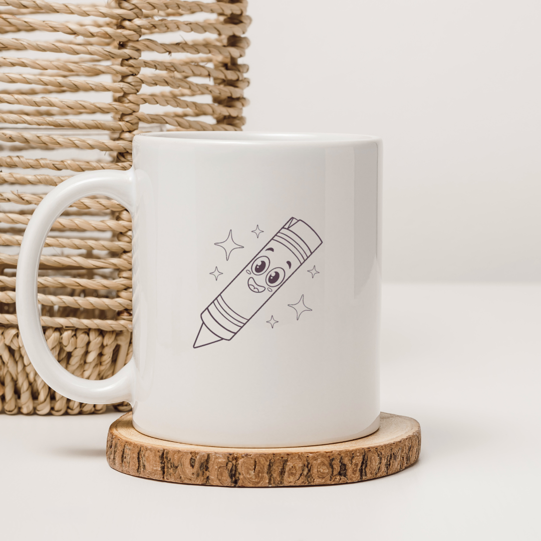Mug avec un crayon kawaii souriant offrant une touche éducative et scintillante