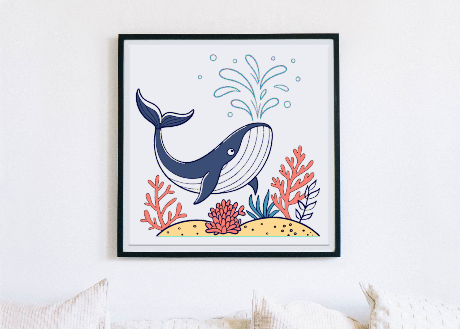 Cadre décoratif avec une baleine joyeuse, scène colorée et vibrante sous l'océan