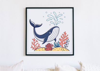 Cadre décoratif avec une baleine joyeuse, scène colorée et vibrante sous l'océan