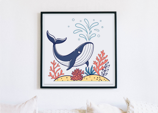 Cadre décoratif avec une baleine joyeuse, scène colorée et vibrante sous l'océan