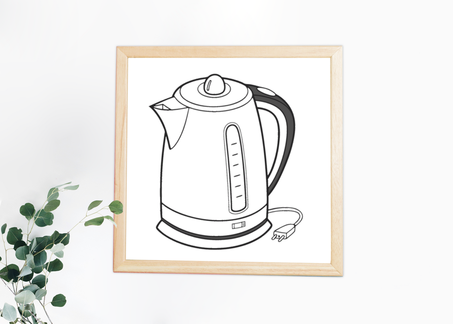 Cadre avec bouilloire élégante sur fond blanc style minimaliste et moderne