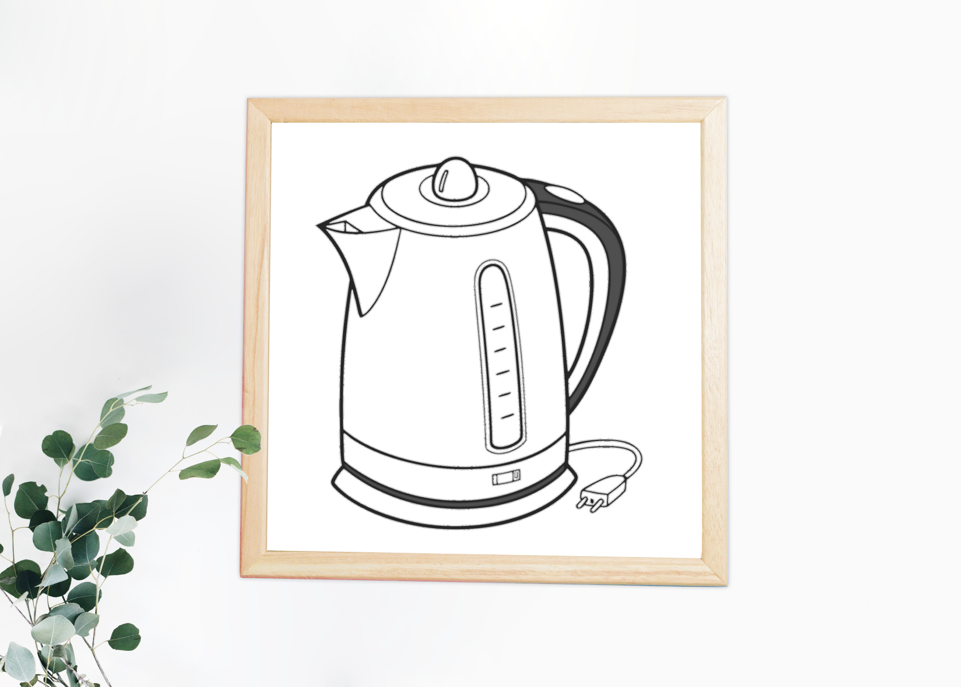 Cadre avec bouilloire élégante sur fond blanc style minimaliste et moderne