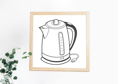 Cadre avec bouilloire élégante sur fond blanc style minimaliste et moderne