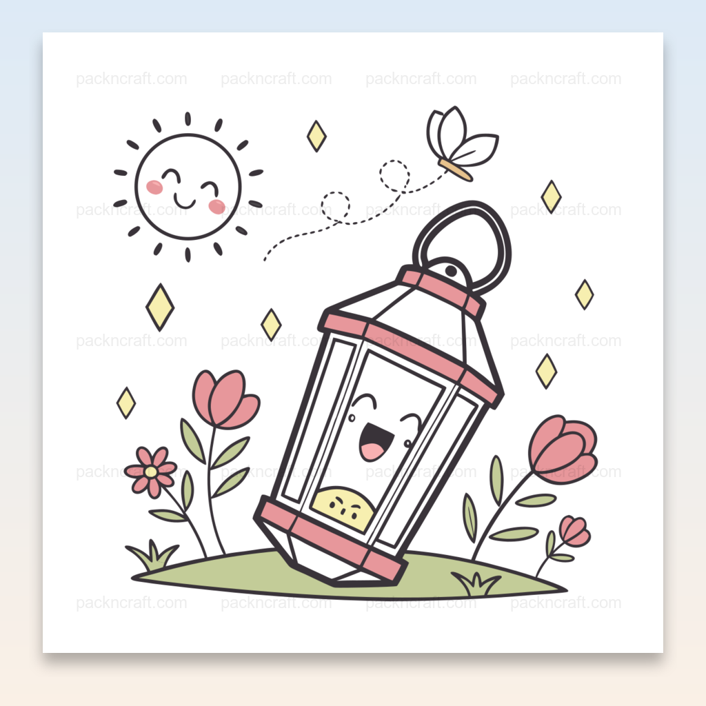 Illustration kawaii de lanterne dans un jardin fleuri, idéale pour DIY et déco.