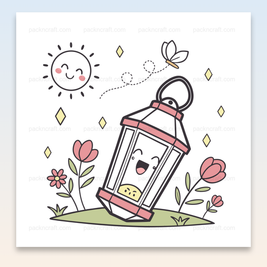 Illustration kawaii de lanterne dans un jardin fleuri, idéale pour DIY et déco.