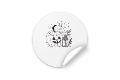 Sticker avec citrouille souriante et lanterne style cartoon pour Halloween