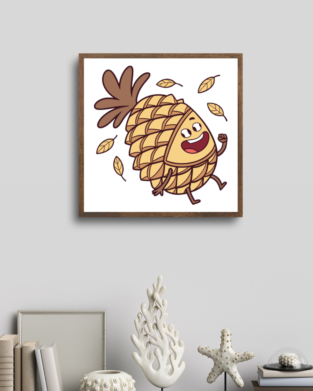 Cadre automnal avec illustration joyeuse de pomme de pin sautante et décoratif