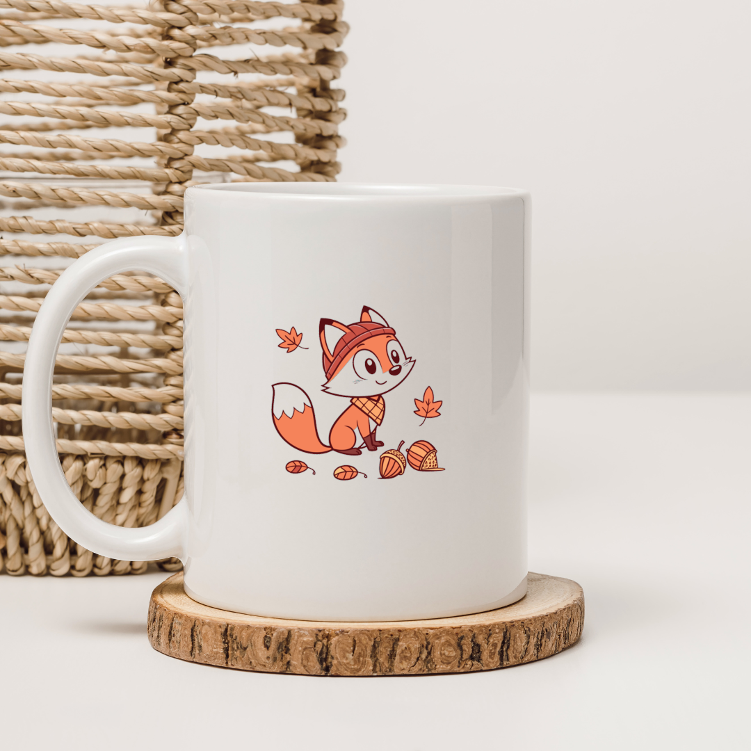 Mug avec renard kawaii au bonnet automnal dans un thème de forêt cozy