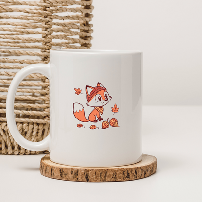 Mug avec renard kawaii au bonnet automnal dans un thème de forêt cozy