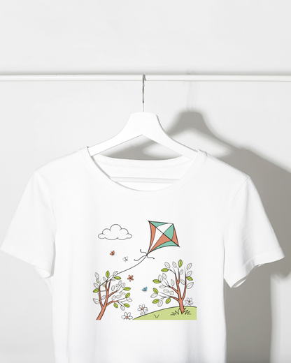 T-shirt décoré d'une épure numérique de cerf-volant dans un cadre printanier
