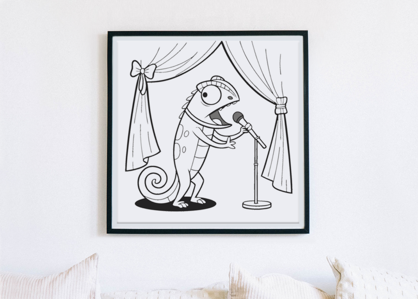 Cadre artistique avec un caméléon chanteur vibrant et dynamique en décoration