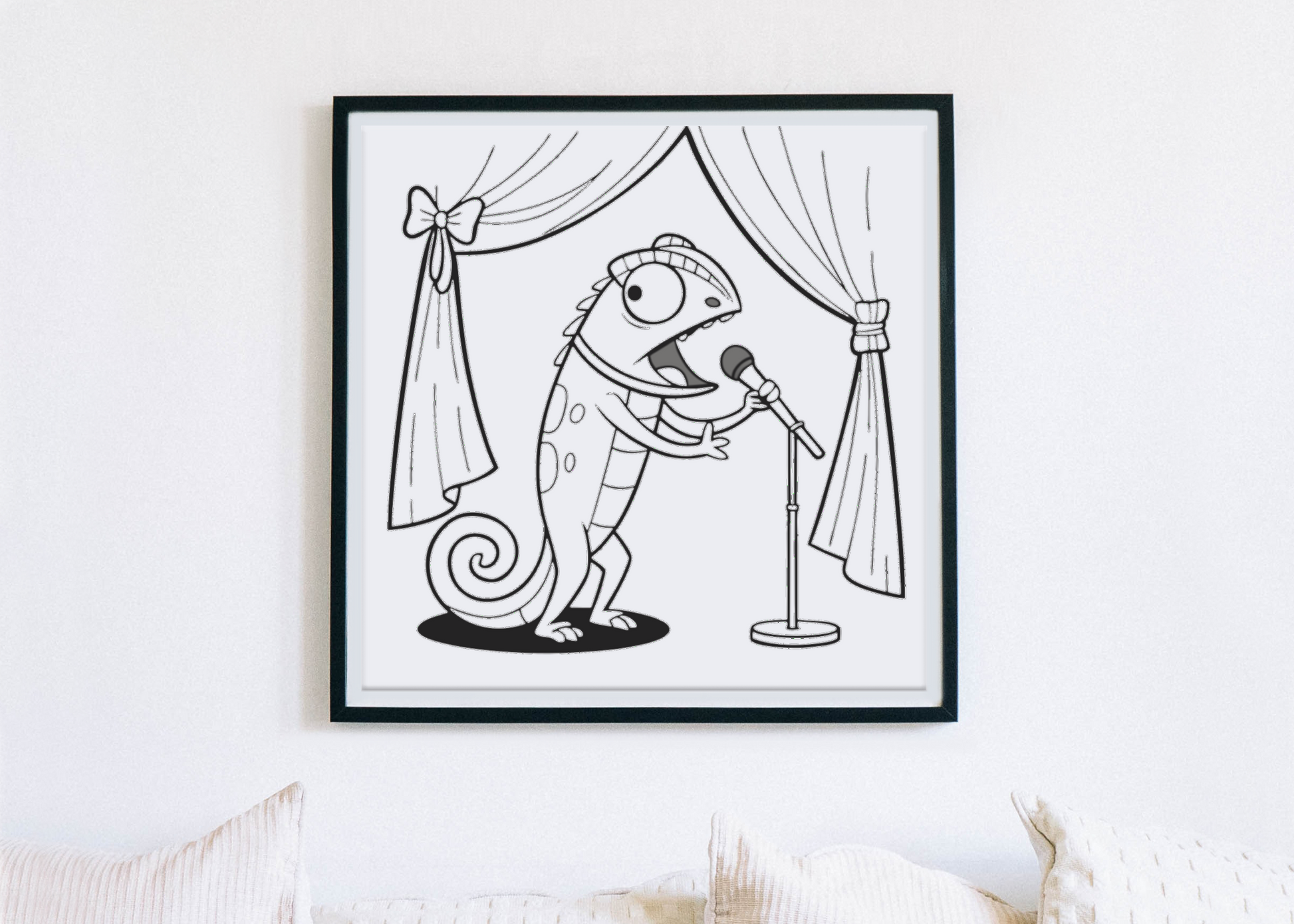 Cadre artistique avec un caméléon chanteur vibrant et dynamique en décoration