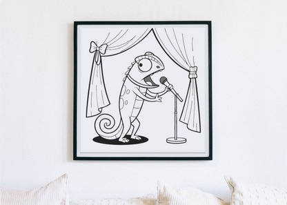 Cadre artistique avec un caméléon chanteur vibrant et dynamique en décoration