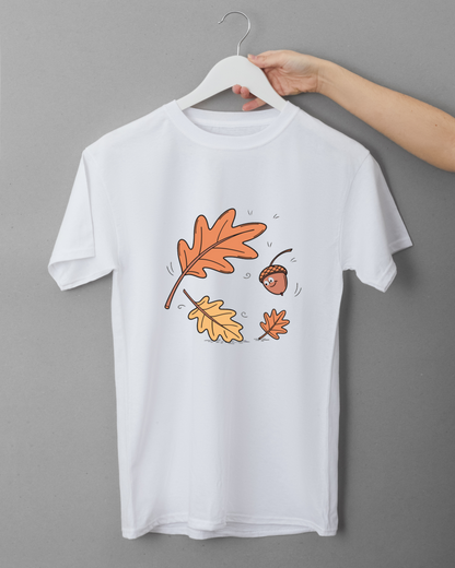 T-shirt blanc avec motif gland animé aux couleurs automnales dans un style doodle