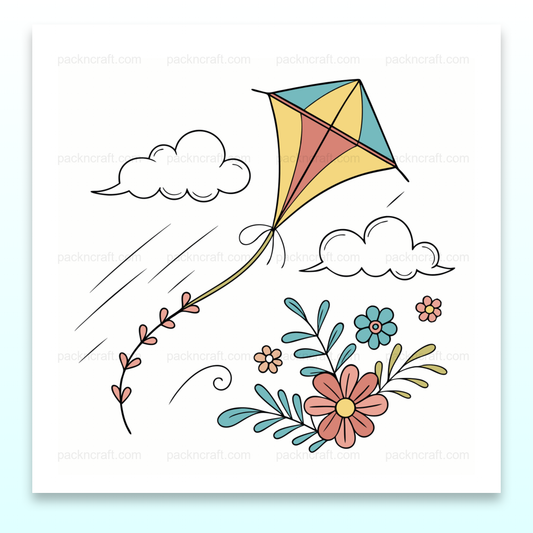 Illustration printanière de cerf-volant en doodle avec fleurs, pour stickers et papeterie.