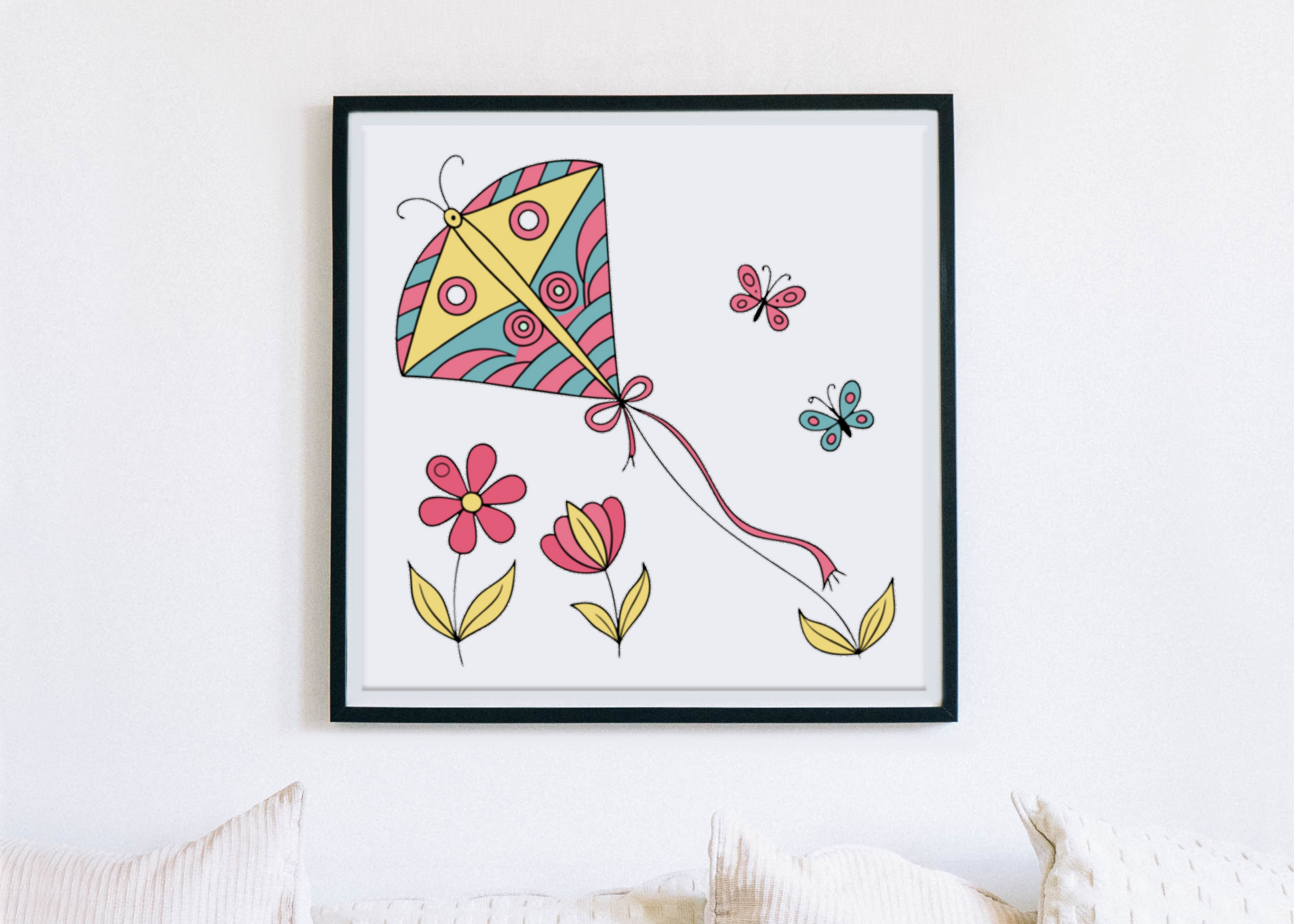 Cadre décoratif avec cerf-volant pastel et papillons évoquant un jardin en fleurs