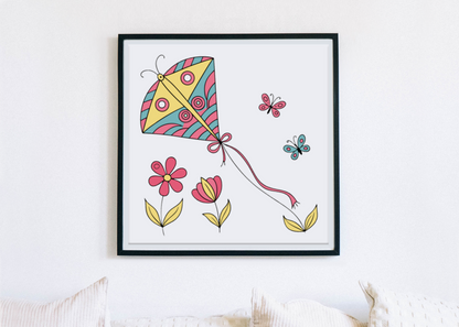 Cadre décoratif avec cerf-volant pastel et papillons évoquant un jardin en fleurs