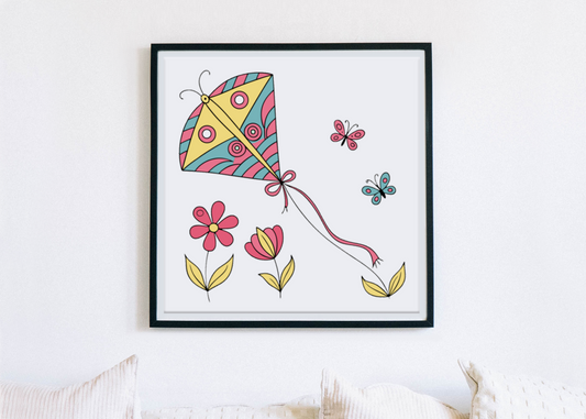 Cadre décoratif avec cerf-volant pastel et papillons évoquant un jardin en fleurs