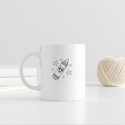 Mug avec crayon souriant entouré d'étoiles, style cartoon, esprit créatif
