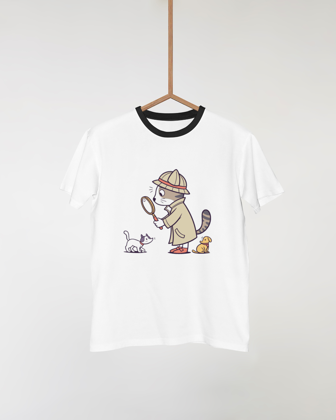 T-shirt avec chat détective kawaii sur fond mystère, style animal mignon
