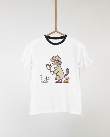 T-shirt avec chat détective kawaii sur fond mystère, style animal mignon