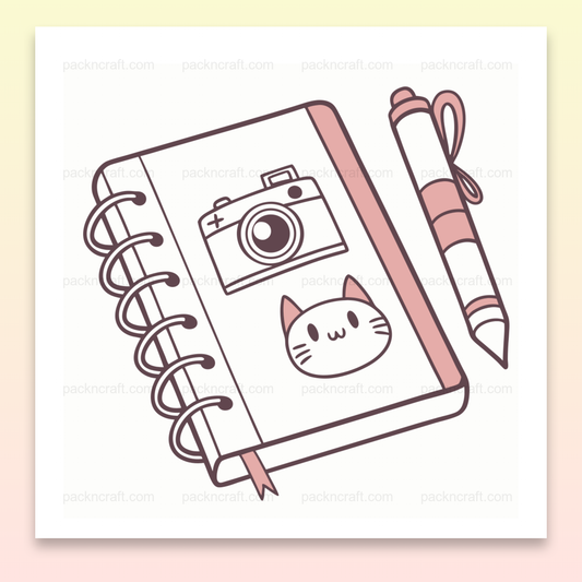 Carnet kawaii avec appareil photo, idéal pour projets créatifs, papeterie et éducation.