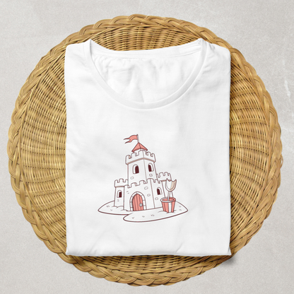 T-shirt summer games décoré d’un château de sable et pelle dans des tons pastel