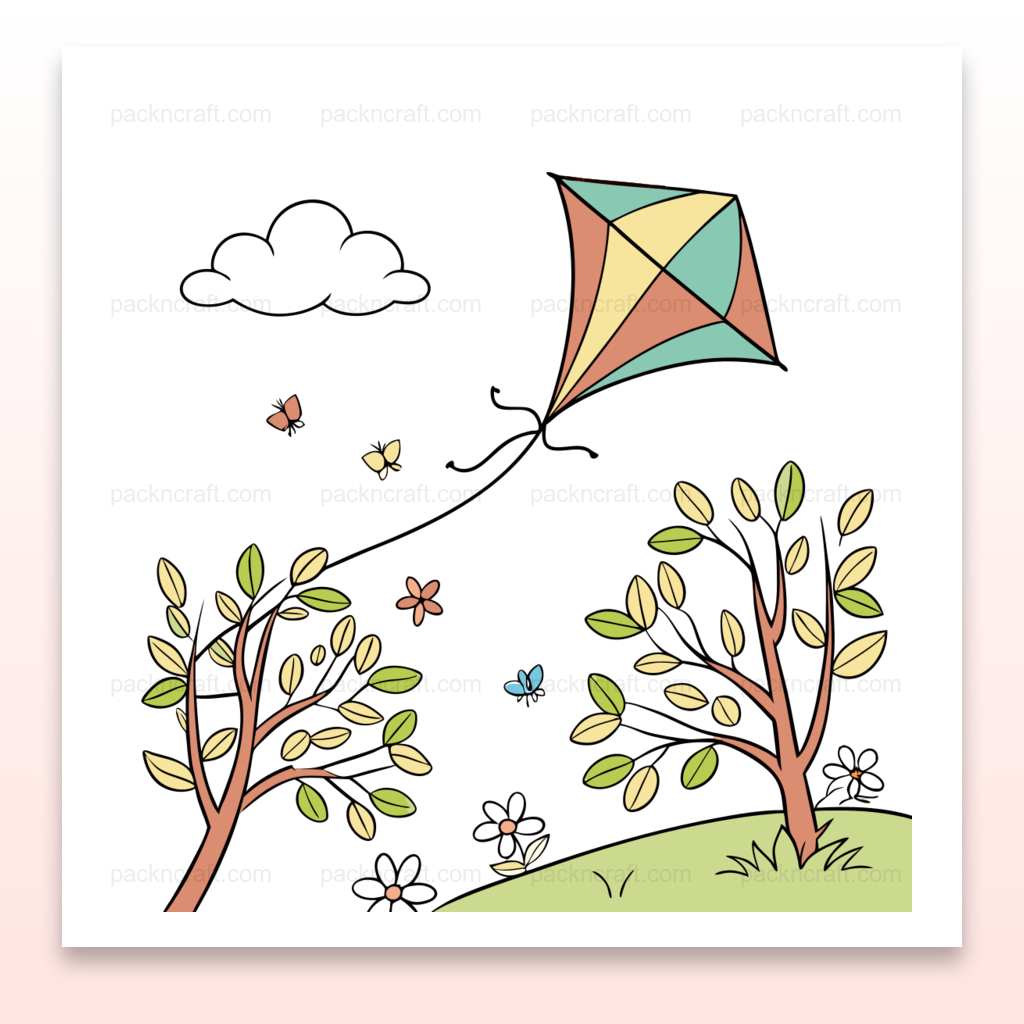 Cerf-volant multicolore flottant au vent, entouré de nature printanière. Parfait pour papeterie.
