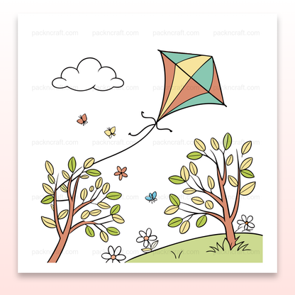 Cerf-volant multicolore flottant au vent, entouré de nature printanière. Parfait pour papeterie.