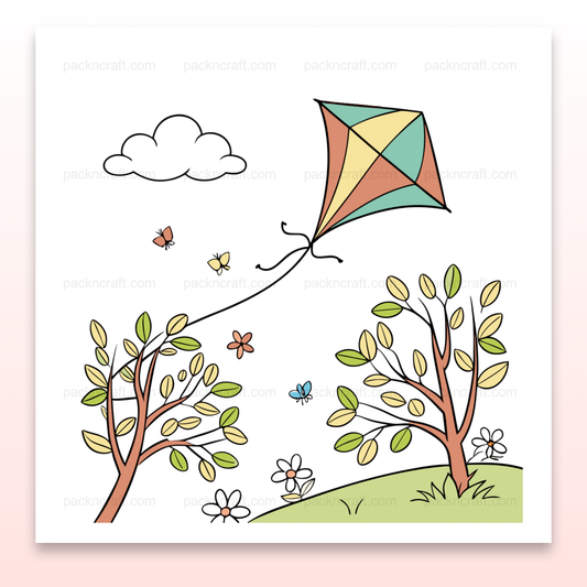 Cerf-volant multicolore flottant au vent, entouré de nature printanière. Parfait pour papeterie.