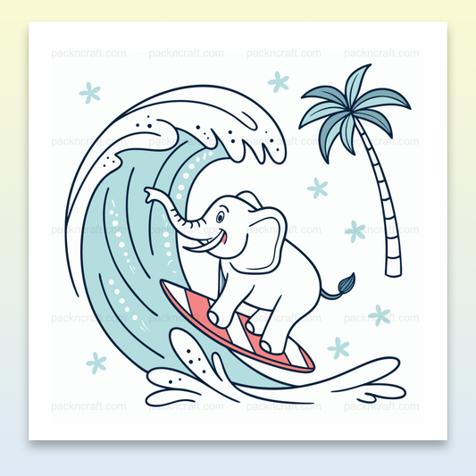 Illustration d'un éléphant faisant du surf sur une vague avec un thème tropical, idéal pour projets créatifs.