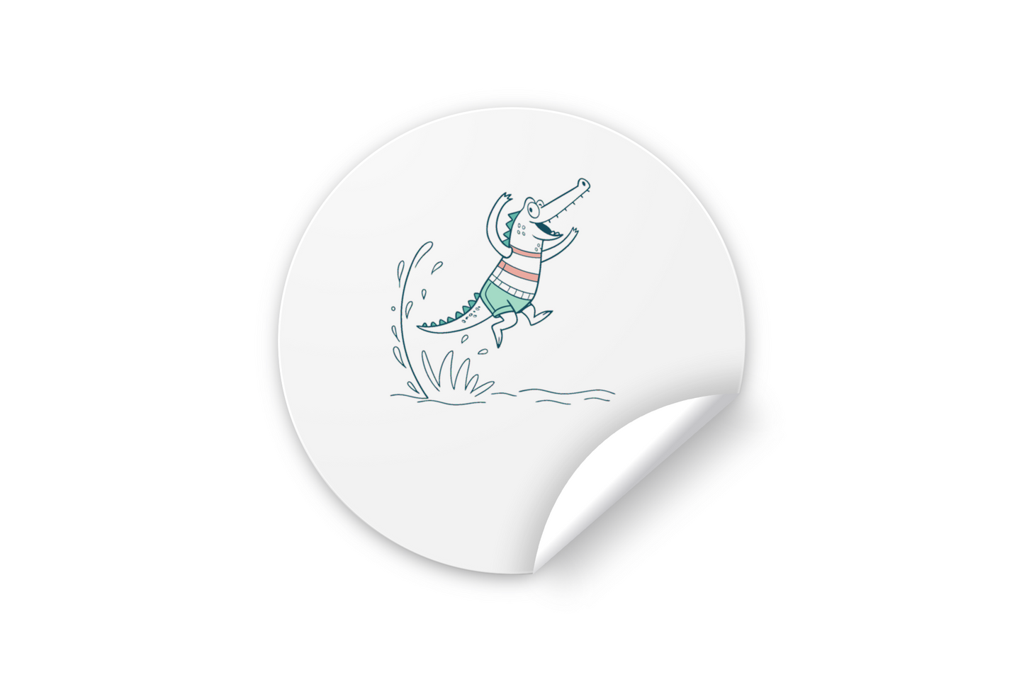 Sticker joyeux avec crocodile sautant sur un fond bleu ambiance aquatique amusante