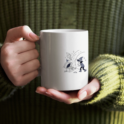 Mug avec lutin joyeux découvrant un trésor ajoutant une touche d'aventure magique
