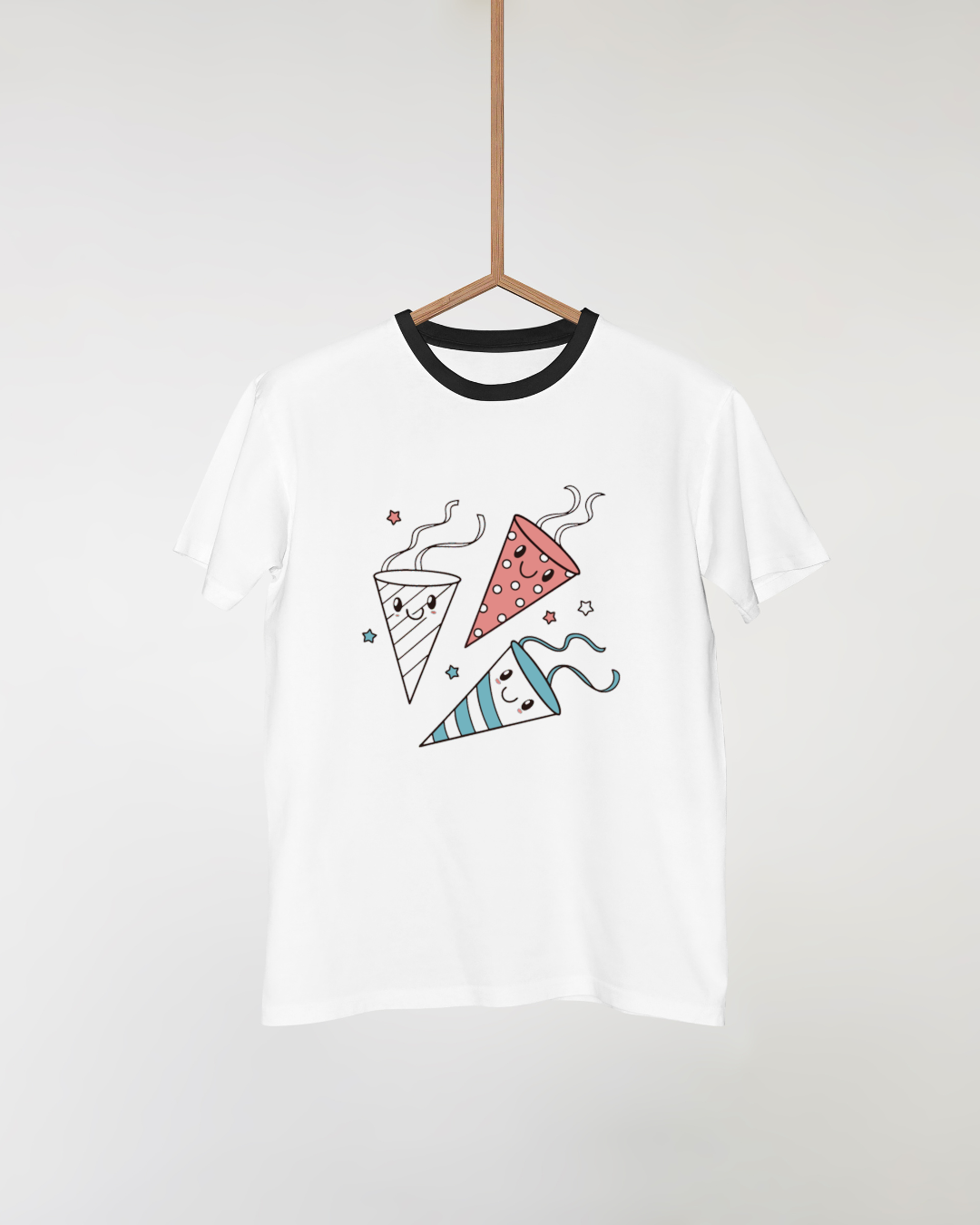 T-shirt avec design kawaii de streamers colorés et joyeux pour fête