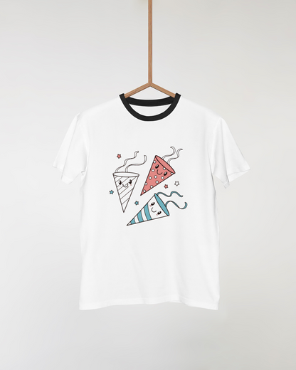 T-shirt avec design kawaii de streamers colorés et joyeux pour fête