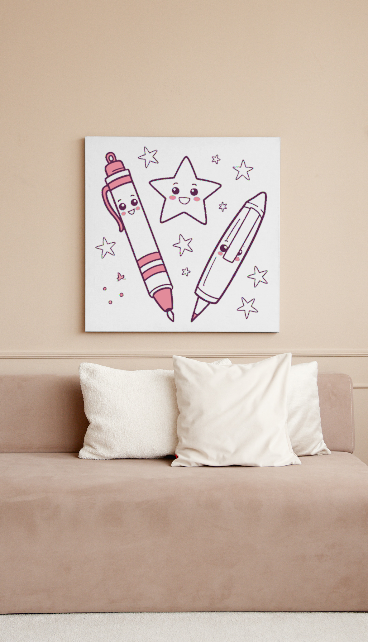 Cadre éducatif avec étoile stylisée joyeuse et stylos colorés décoratifs