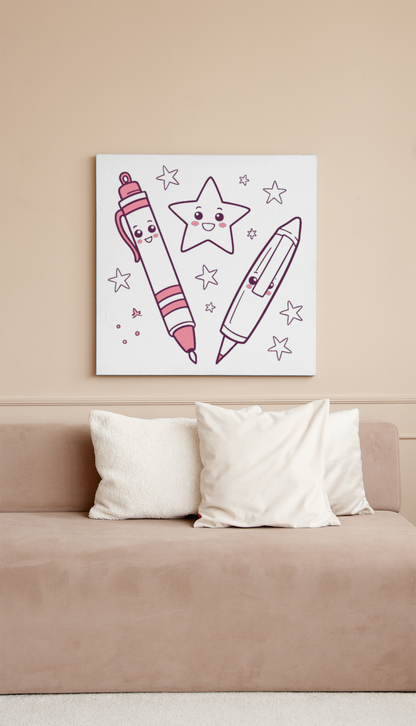 Cadre éducatif avec étoile stylisée joyeuse et stylos colorés décoratifs