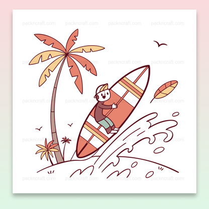 Illustration d'un surfeur heureux en action, parfait pour décorations tropicales et créatives
