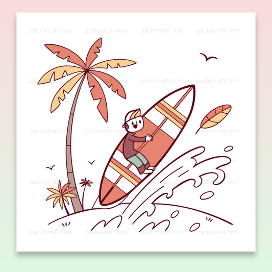 Illustration d'un surfeur heureux en action, parfait pour décorations tropicales et créatives