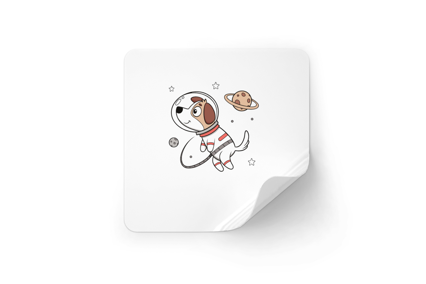 Sticker ludique affichant un chien cosmonaute flottant dans un style cartoon amusant