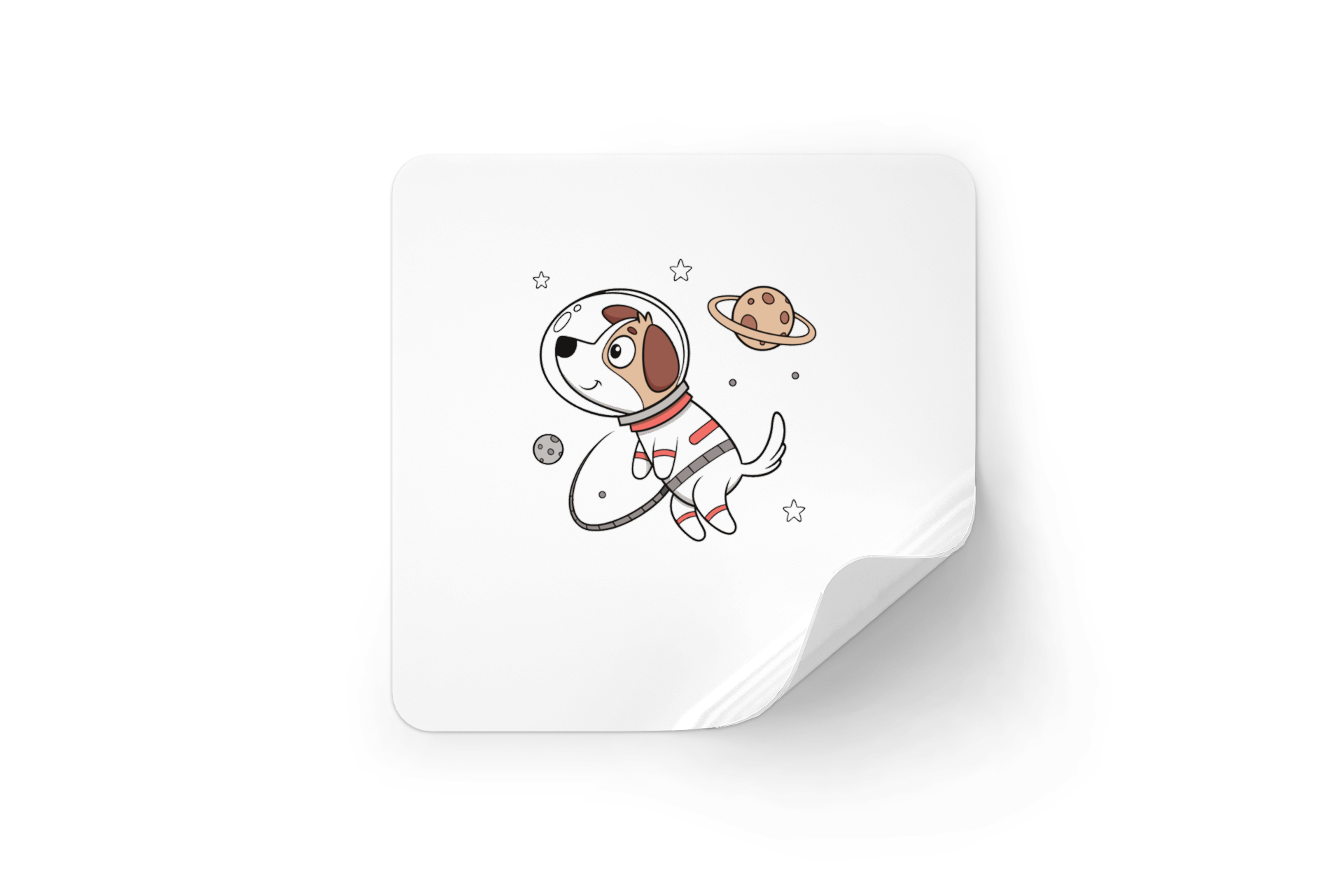 Sticker ludique affichant un chien cosmonaute flottant dans un style cartoon amusant